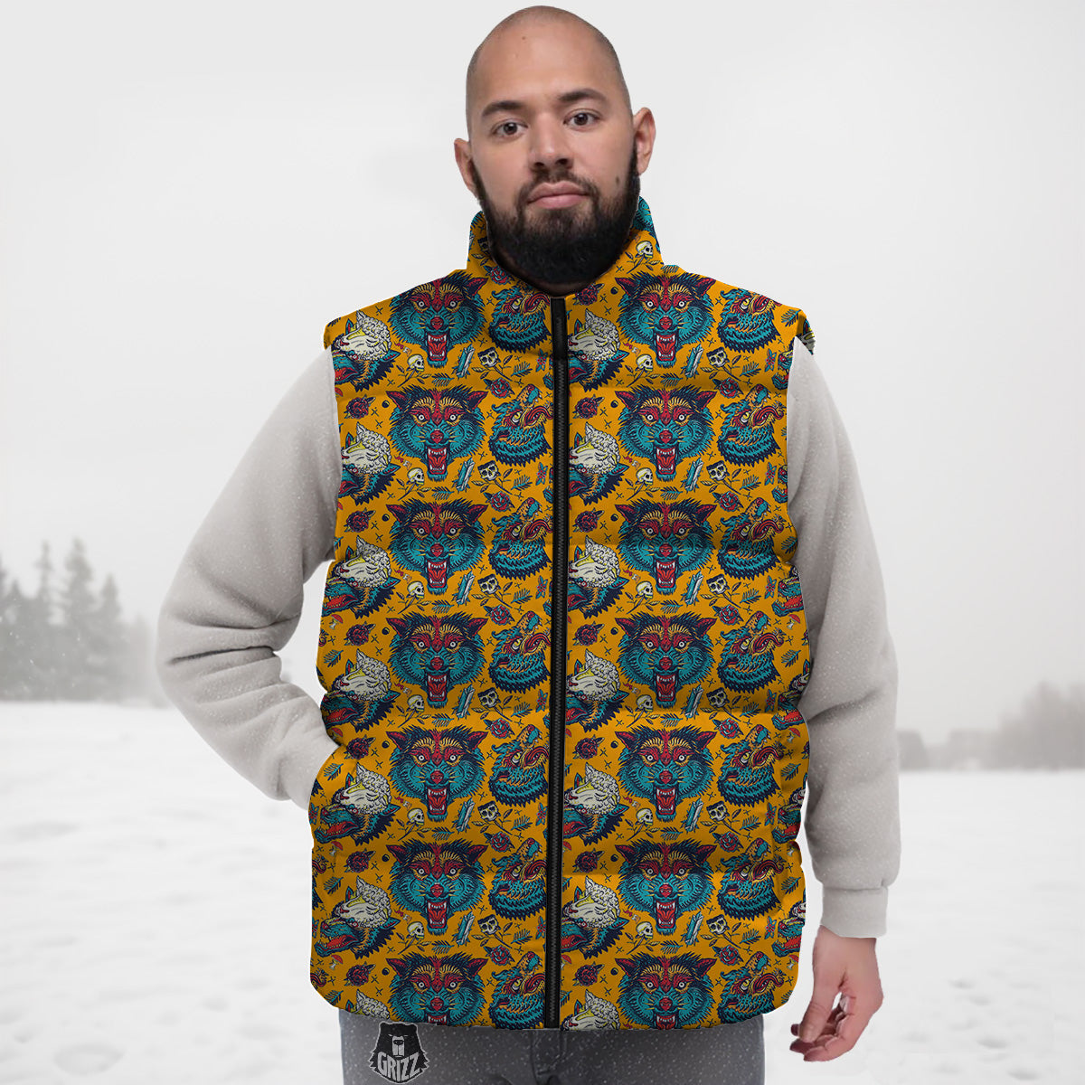 Wolf Head Yellow Tattoo Print Pattern Down Vest