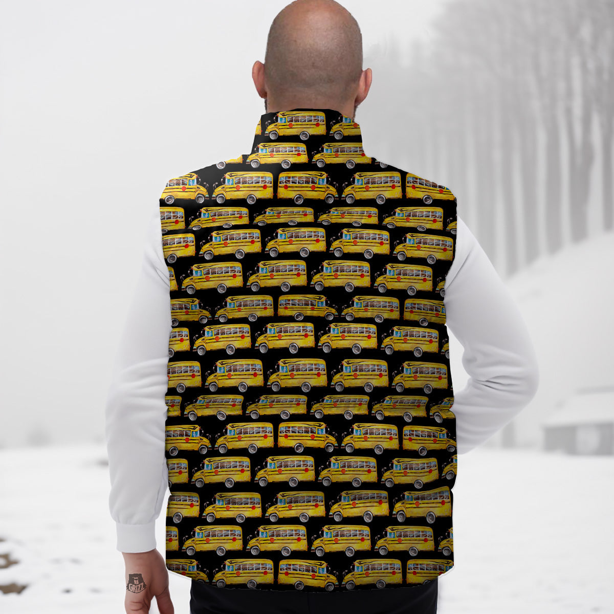Yellow Bus Print Pattern Down Vest