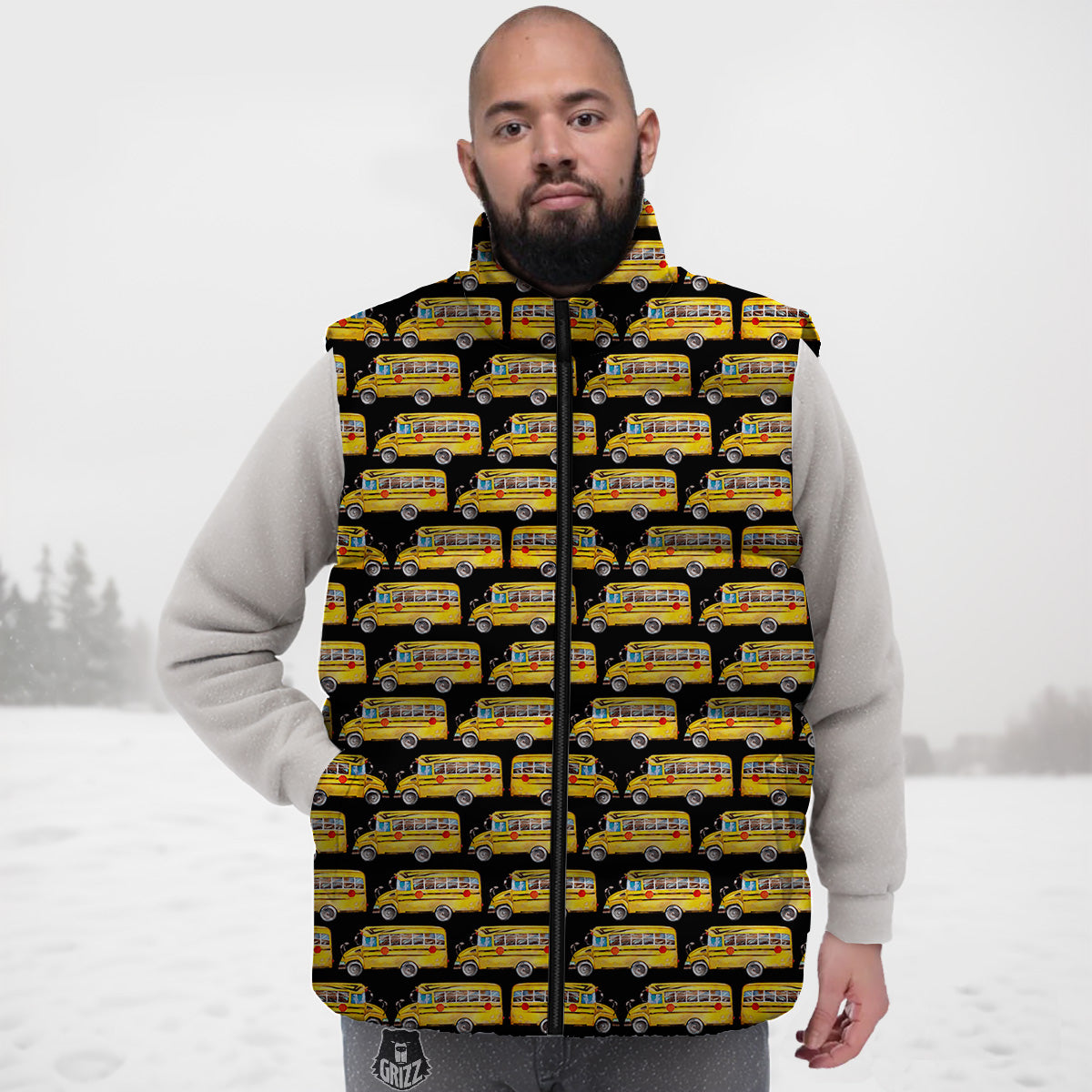 Yellow Bus Print Pattern Down Vest