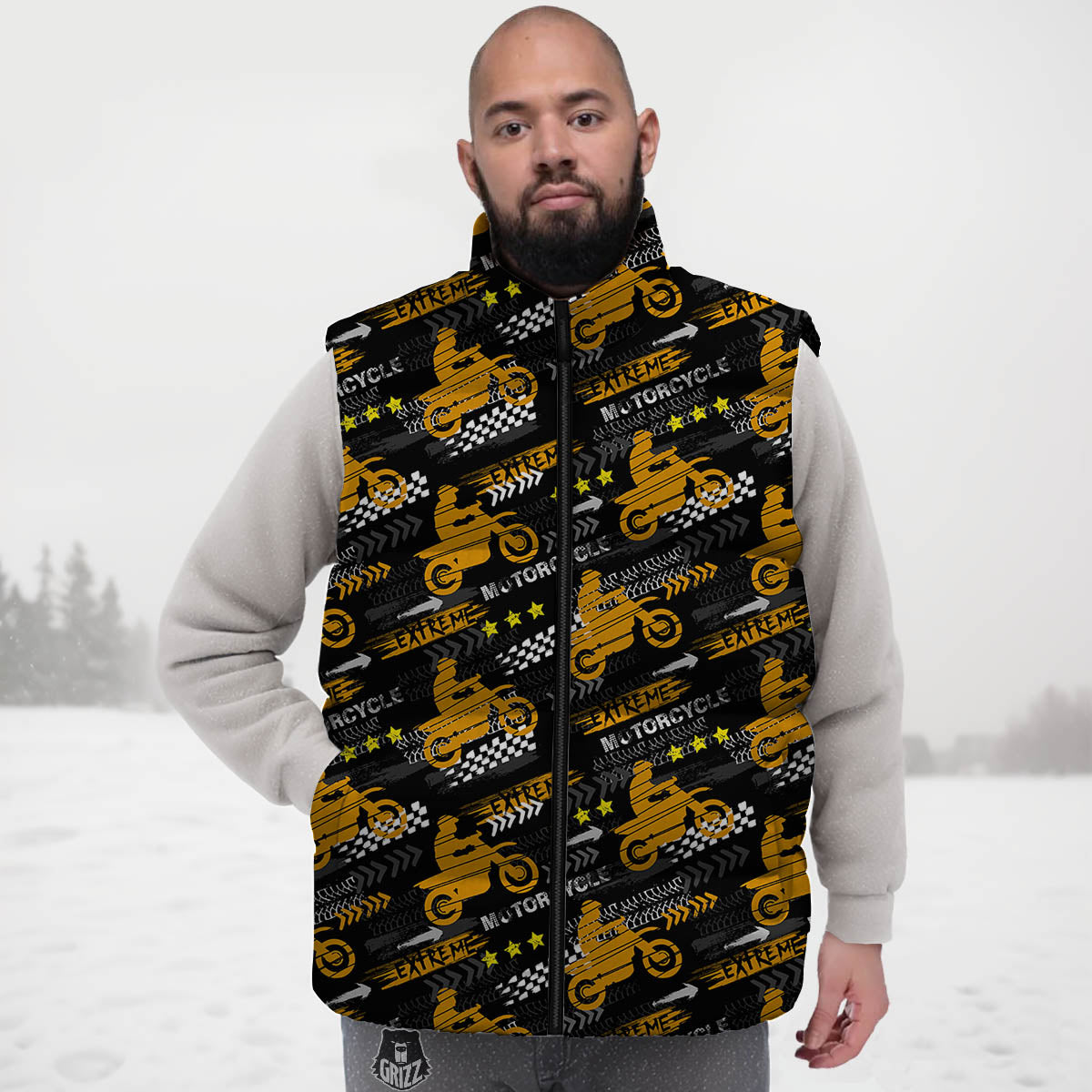Words Motorcycle Print Pattern Down Vest