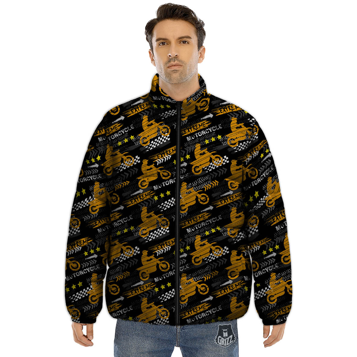 Words Motorcycle Print Pattern Puffer Jacket-grizzshop