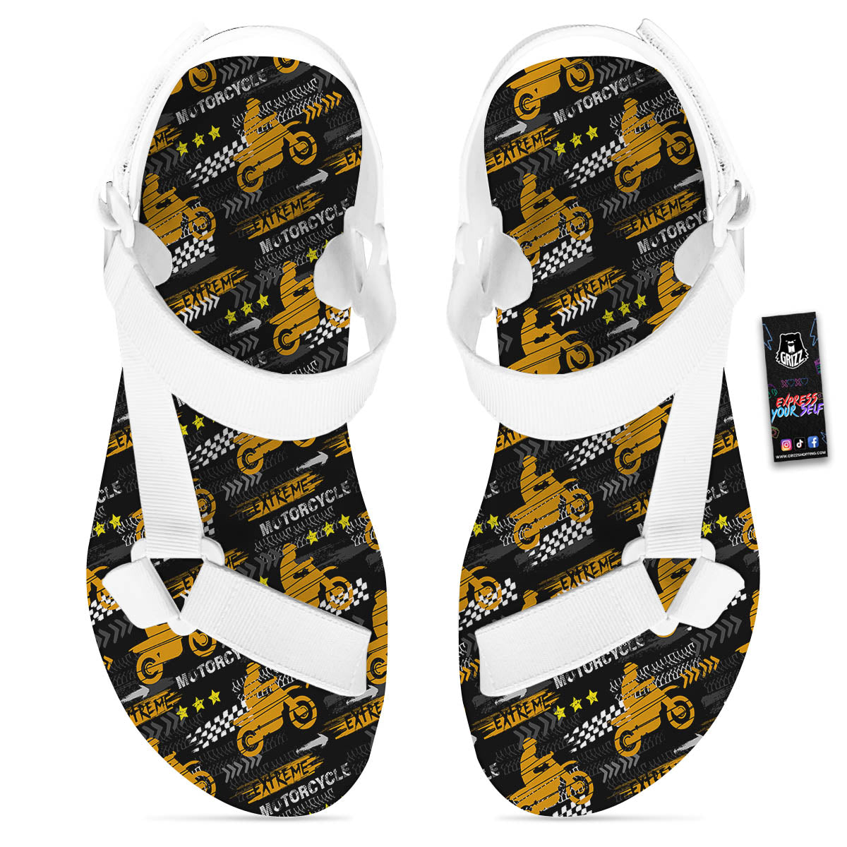 Words Motorcycle Print Pattern White Open Toe Sandals-grizzshop