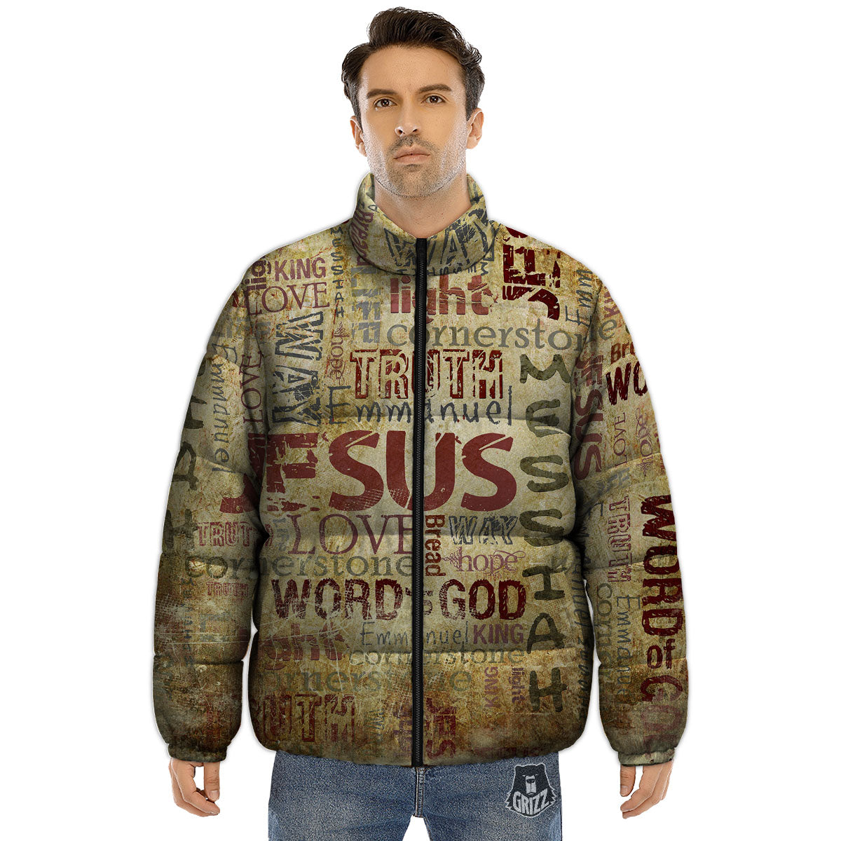Words Old Religious Print Puffer Jacket-grizzshop