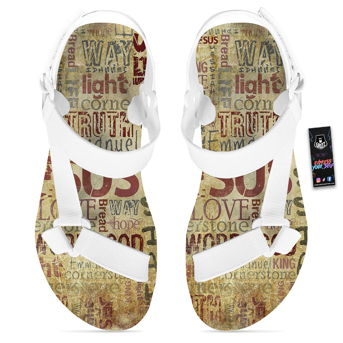 Words Old Religious Print White Open Toe Sandals-grizzshop