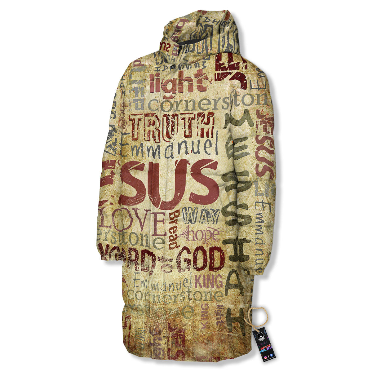 Words Old Religious Print Long Down Jacket