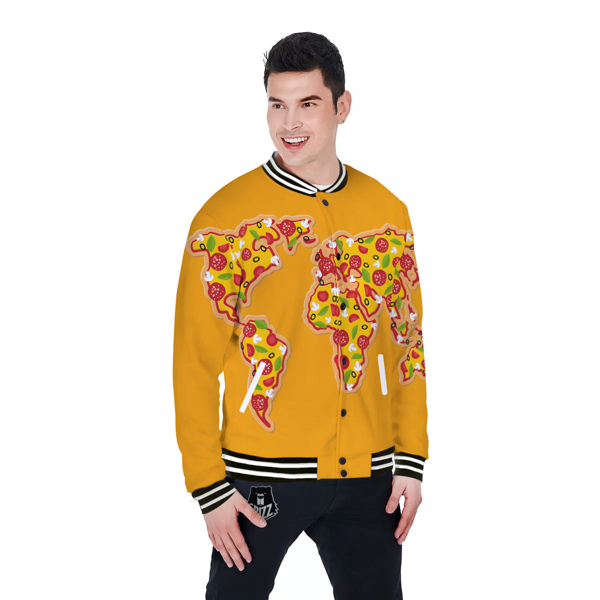 World Map Pizza Print Baseball Jacket-grizzshop