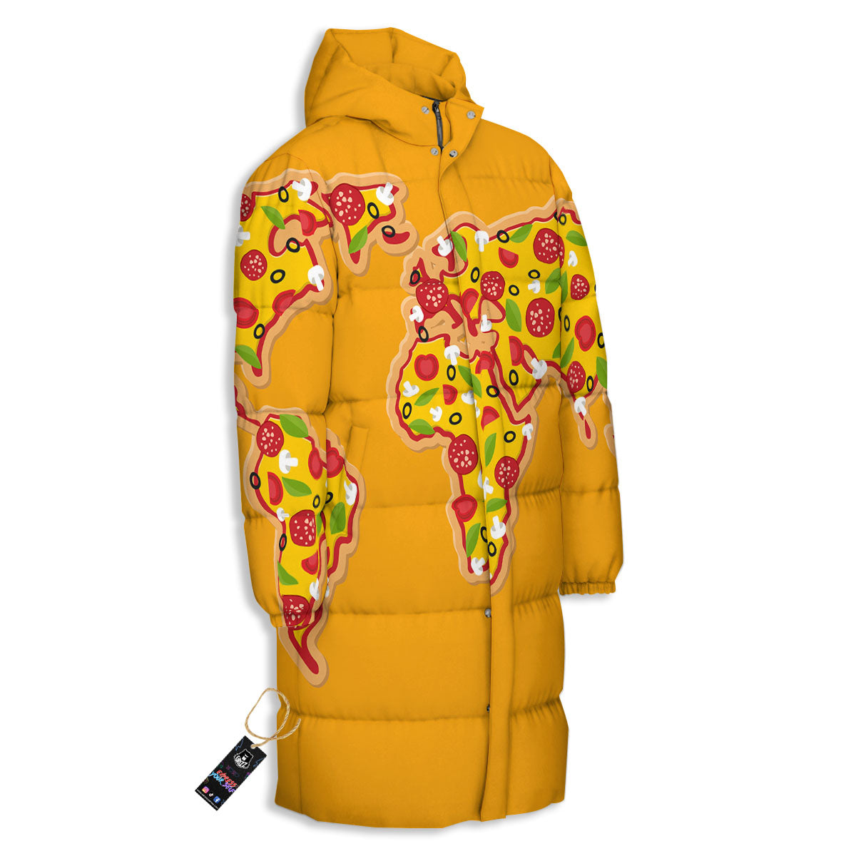 World Map Pizza Print Long Down Jacket-grizzshop