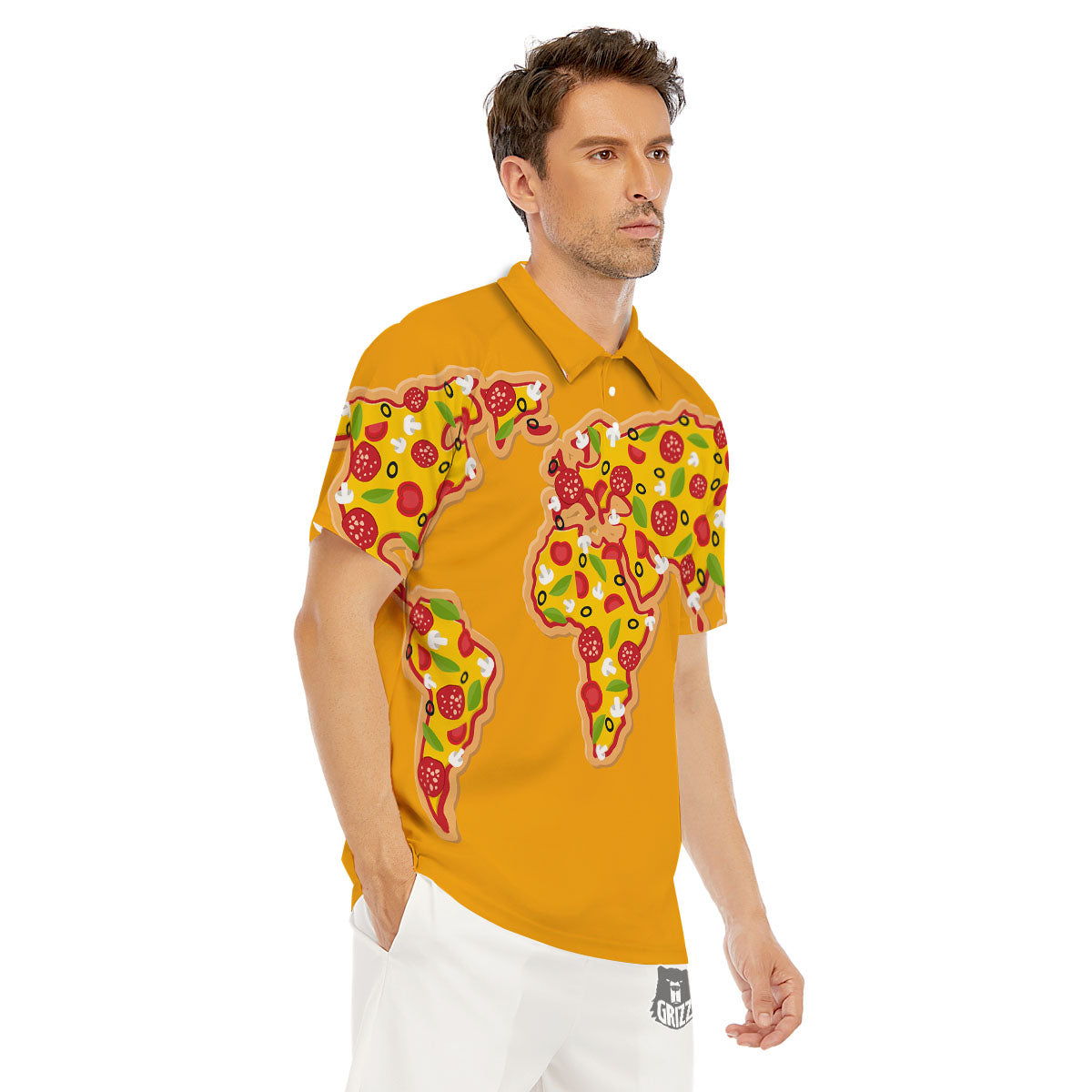 World Map Pizza Print Men's Golf Shirts-grizzshop