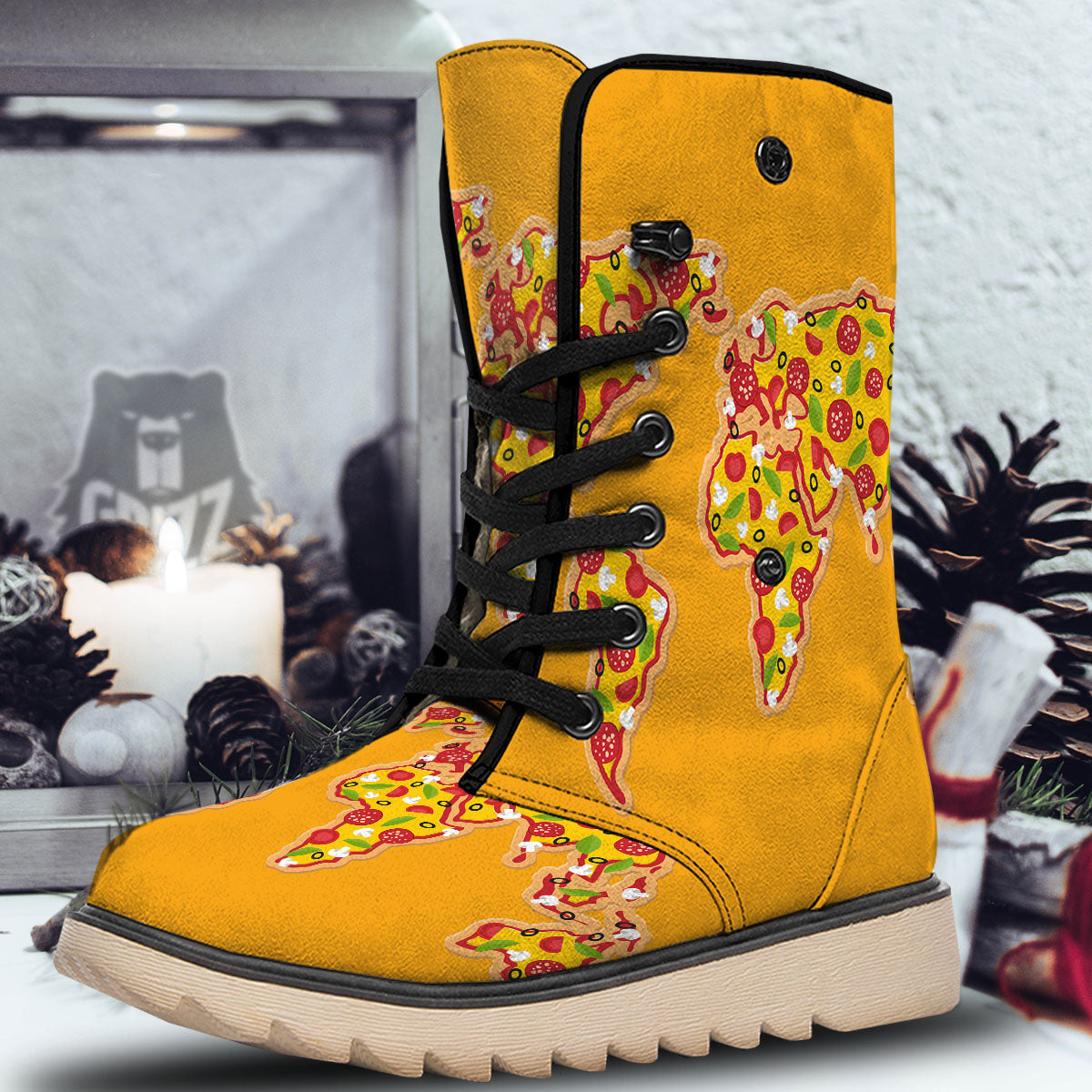World Map Pizza Print Snow Boots-grizzshop