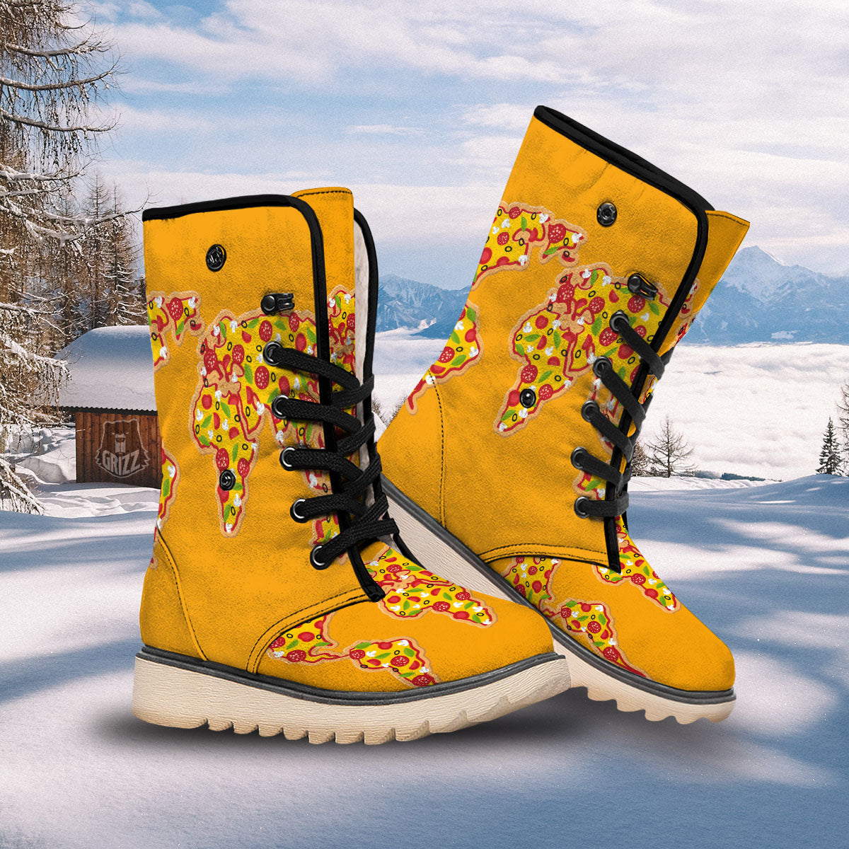 World Map Pizza Print Snow Boots-grizzshop