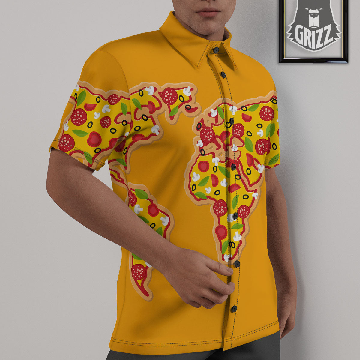 World Map Pizza Print Untucked Shirts-grizzshop