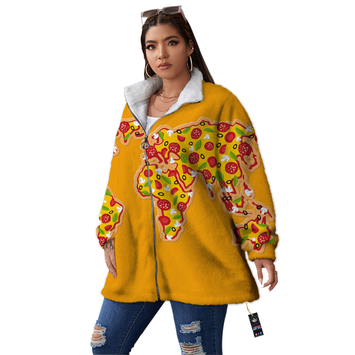 World Map Pizza Print Women's Sherpa Jacket-grizzshop