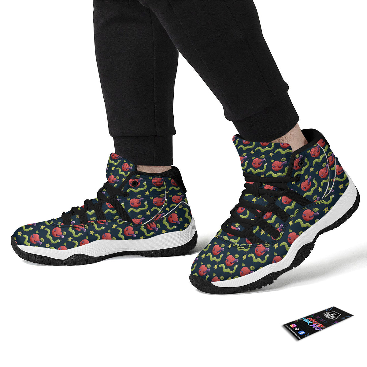 Worm And Apple Print Pattern Black Bball Shoes-grizzshop