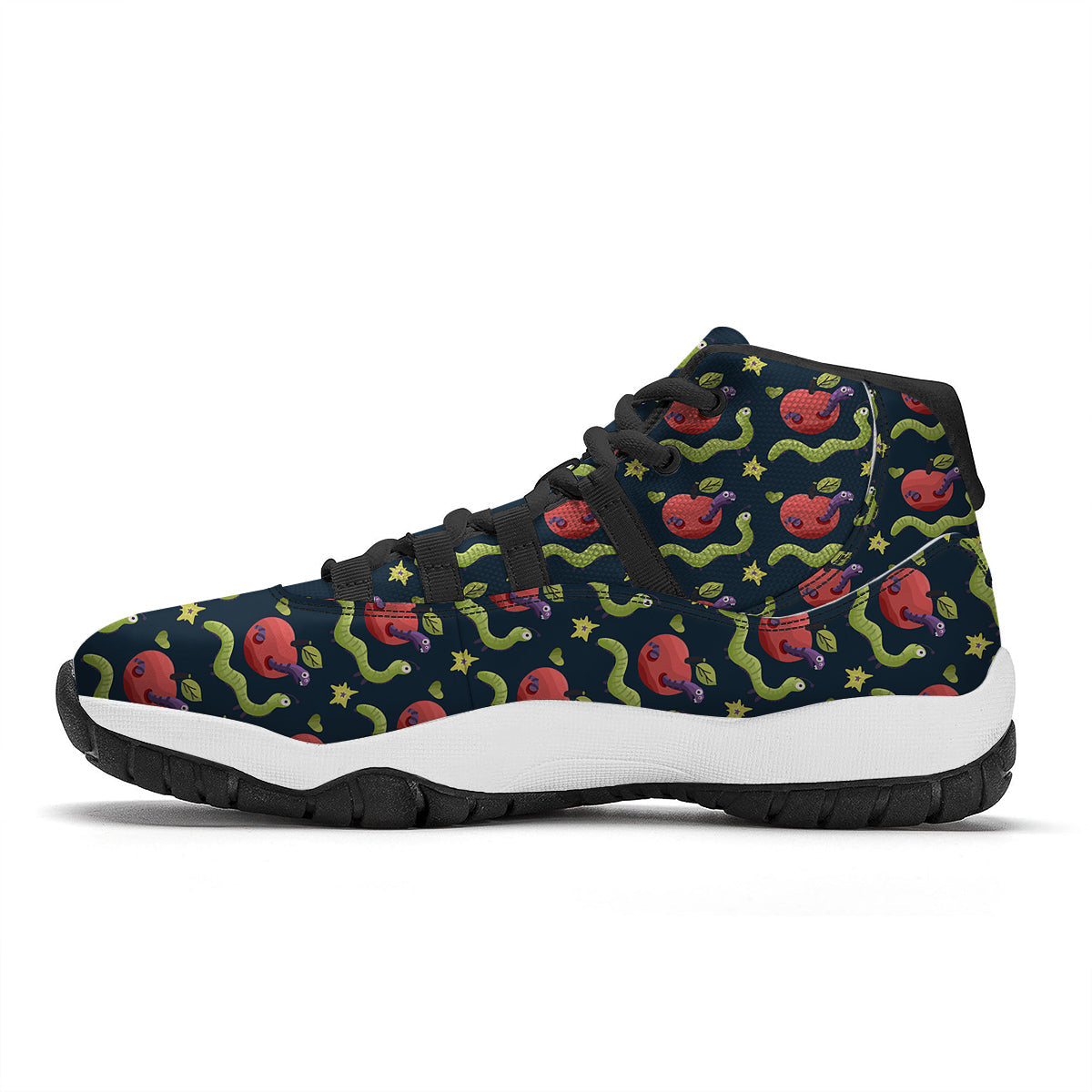 Worm And Apple Print Pattern Black Bball Shoes-grizzshop