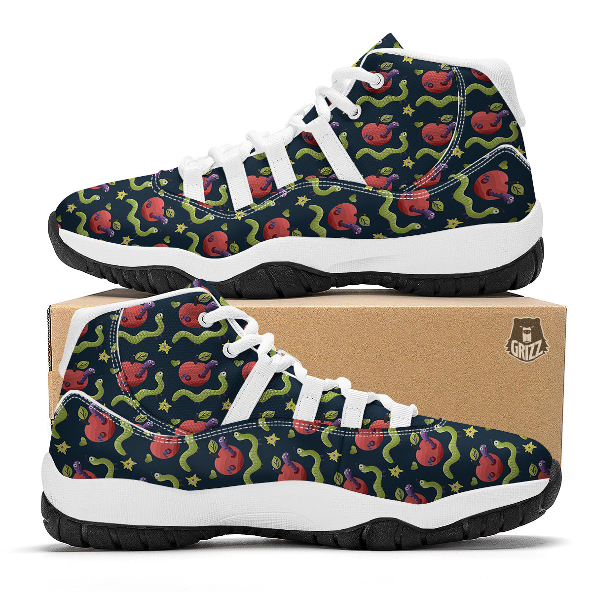 Worm And Apple Print Pattern White Bball Shoes-grizzshop