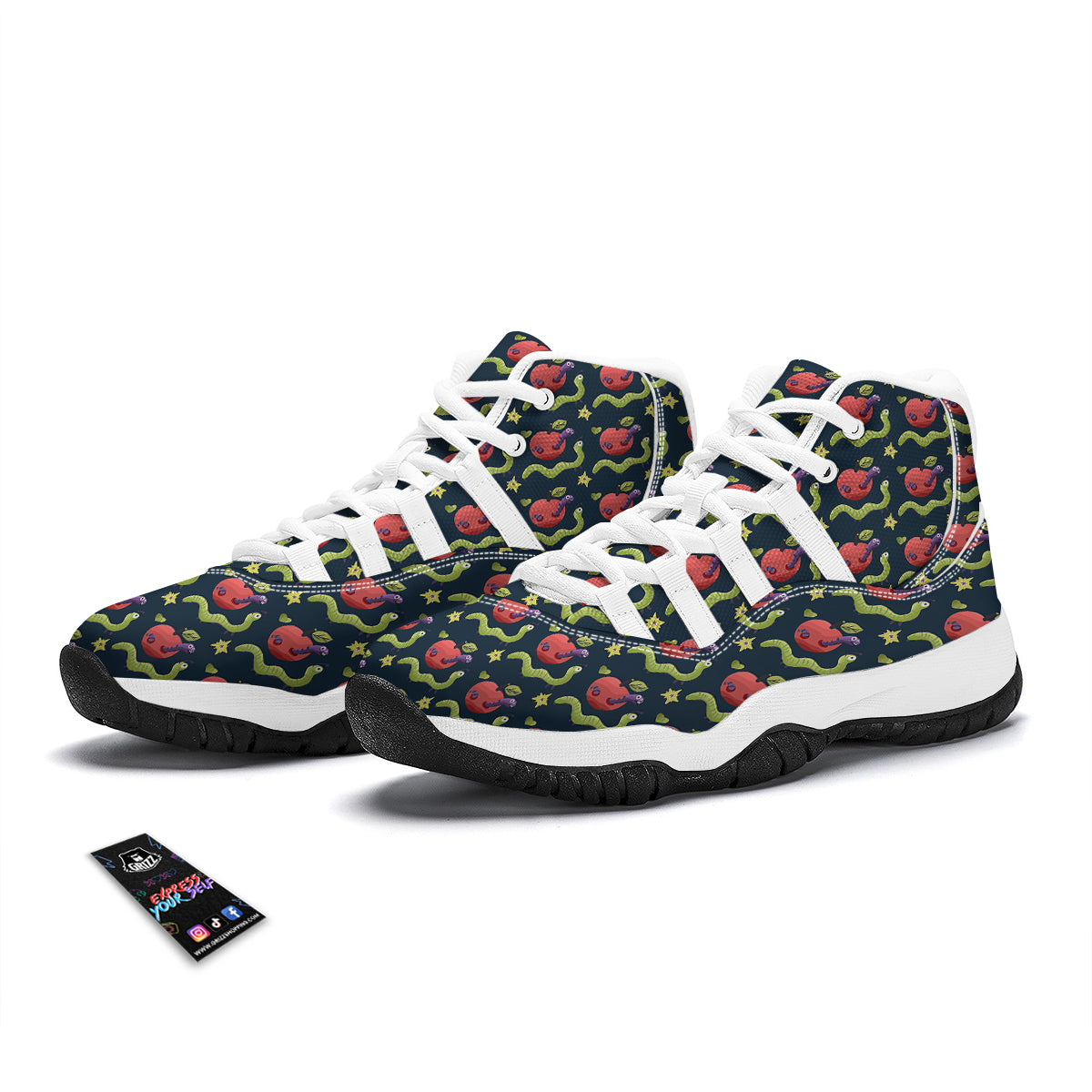 Worm And Apple Print Pattern White Bball Shoes-grizzshop