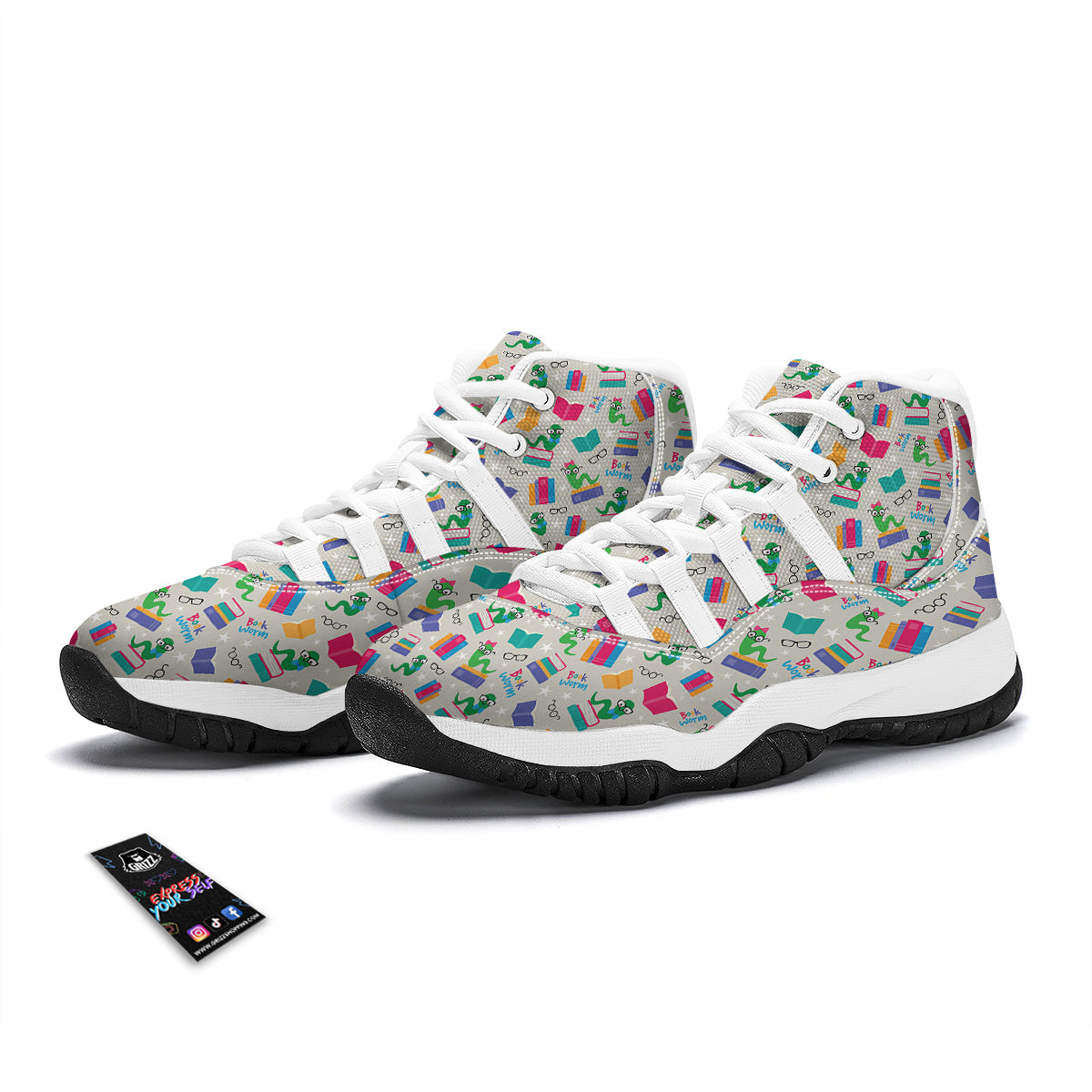 Worm And Colorful Books Print Pattern White Bball Shoes-grizzshop