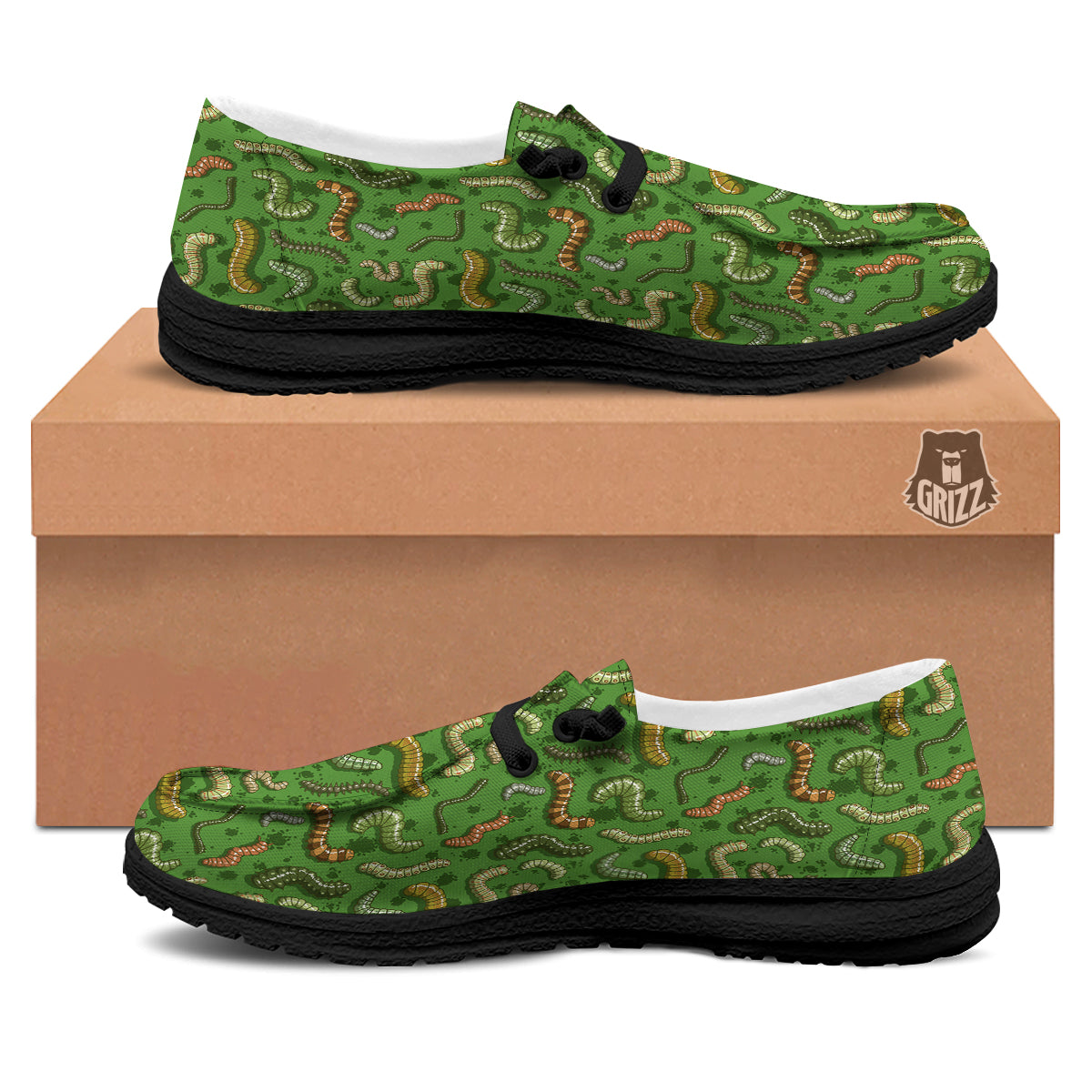Worm Insect Green Print Pattern Black Loafers-grizzshop