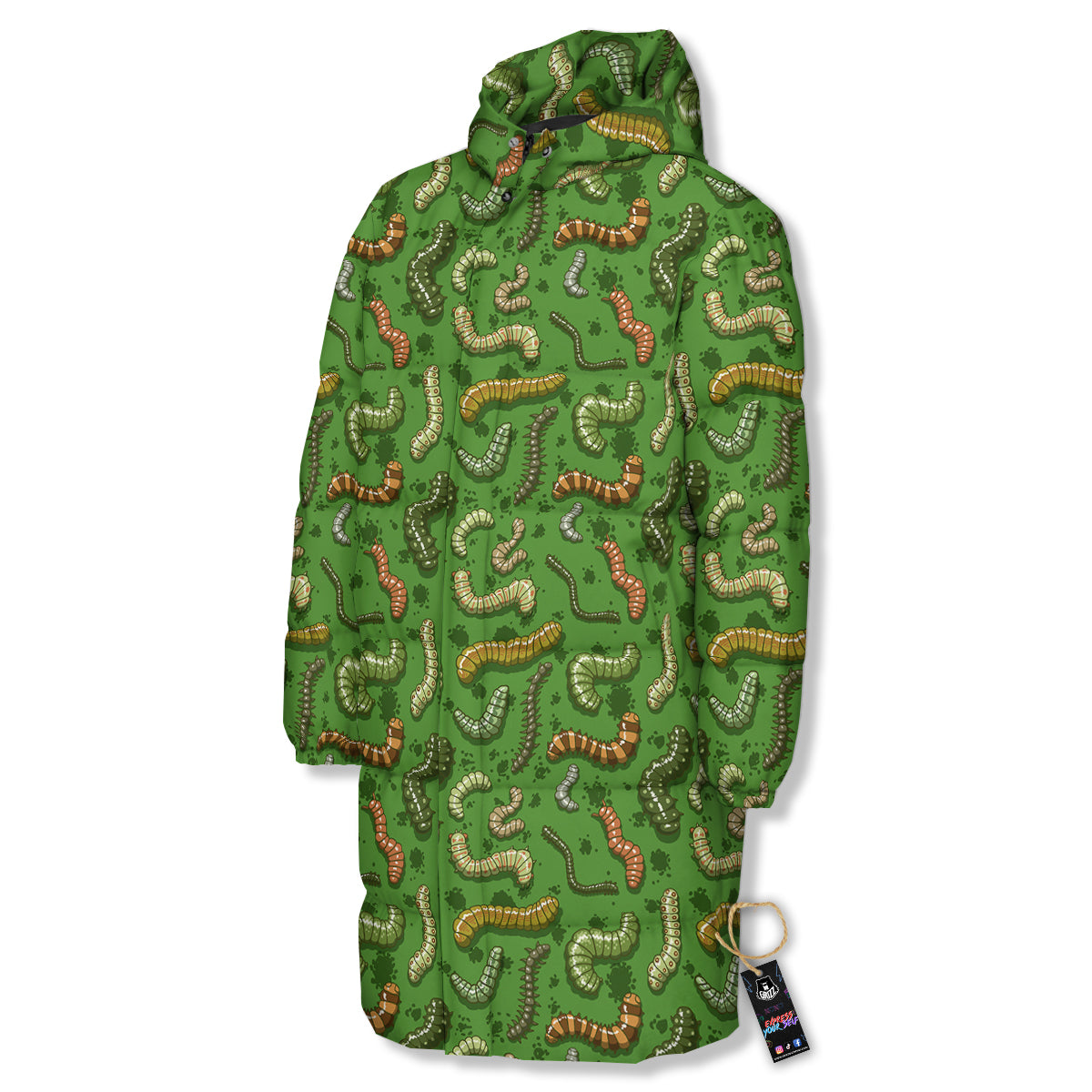 Worm Insect Green Print Pattern Long Down Jacket-grizzshop