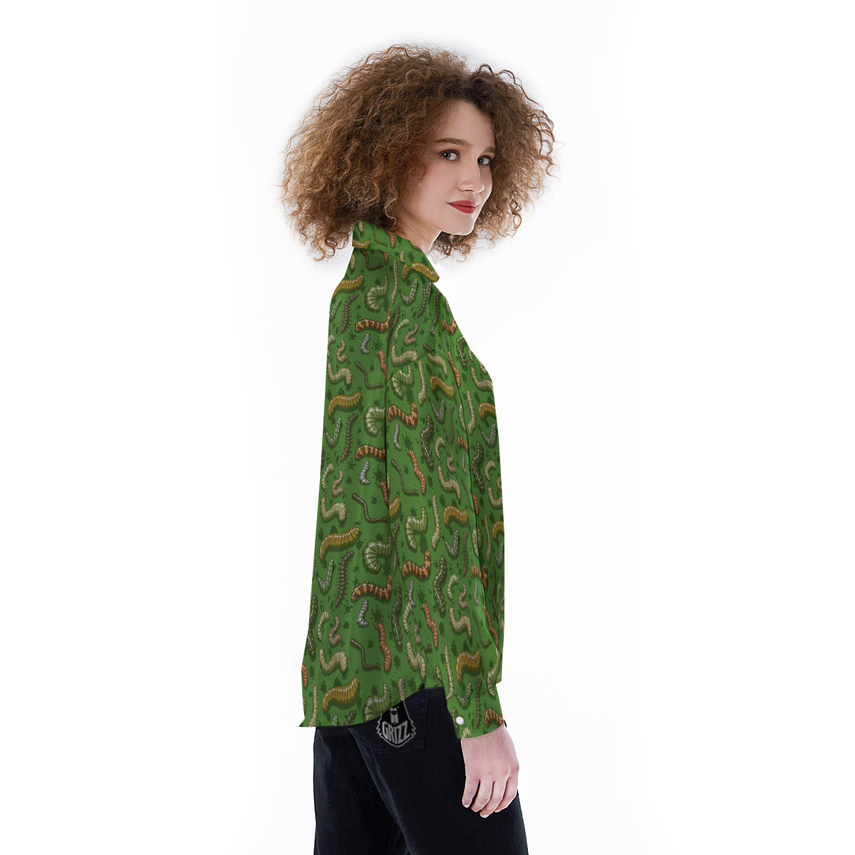 Worm Insect Green Print Pattern Women's Long Sleeve Shirts-grizzshop