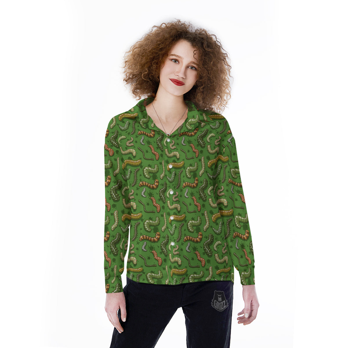 Worm Insect Green Print Pattern Women's Long Sleeve Shirts-grizzshop