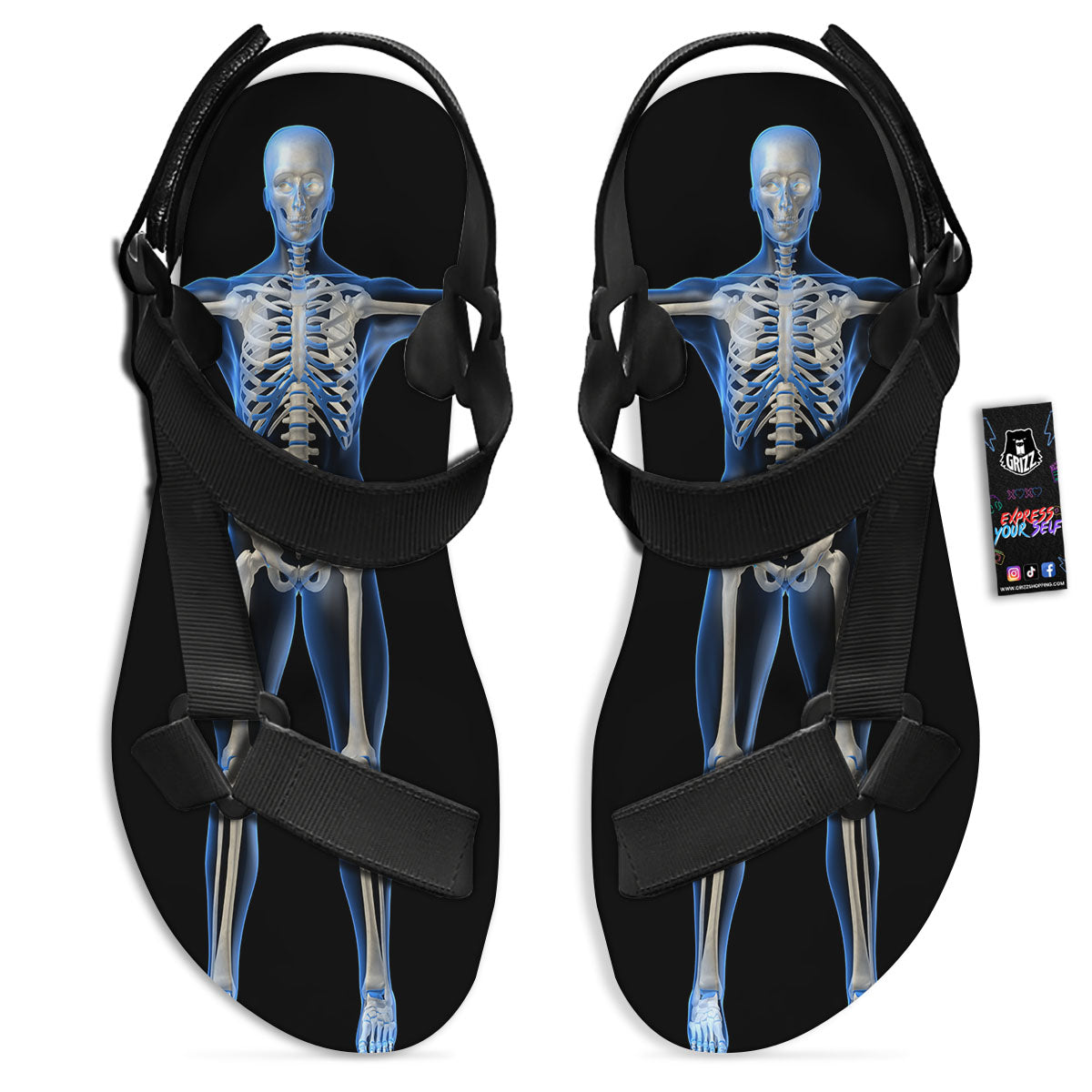 X-Ray Human Skeleton Print Black Open Toe Sandals-grizzshop