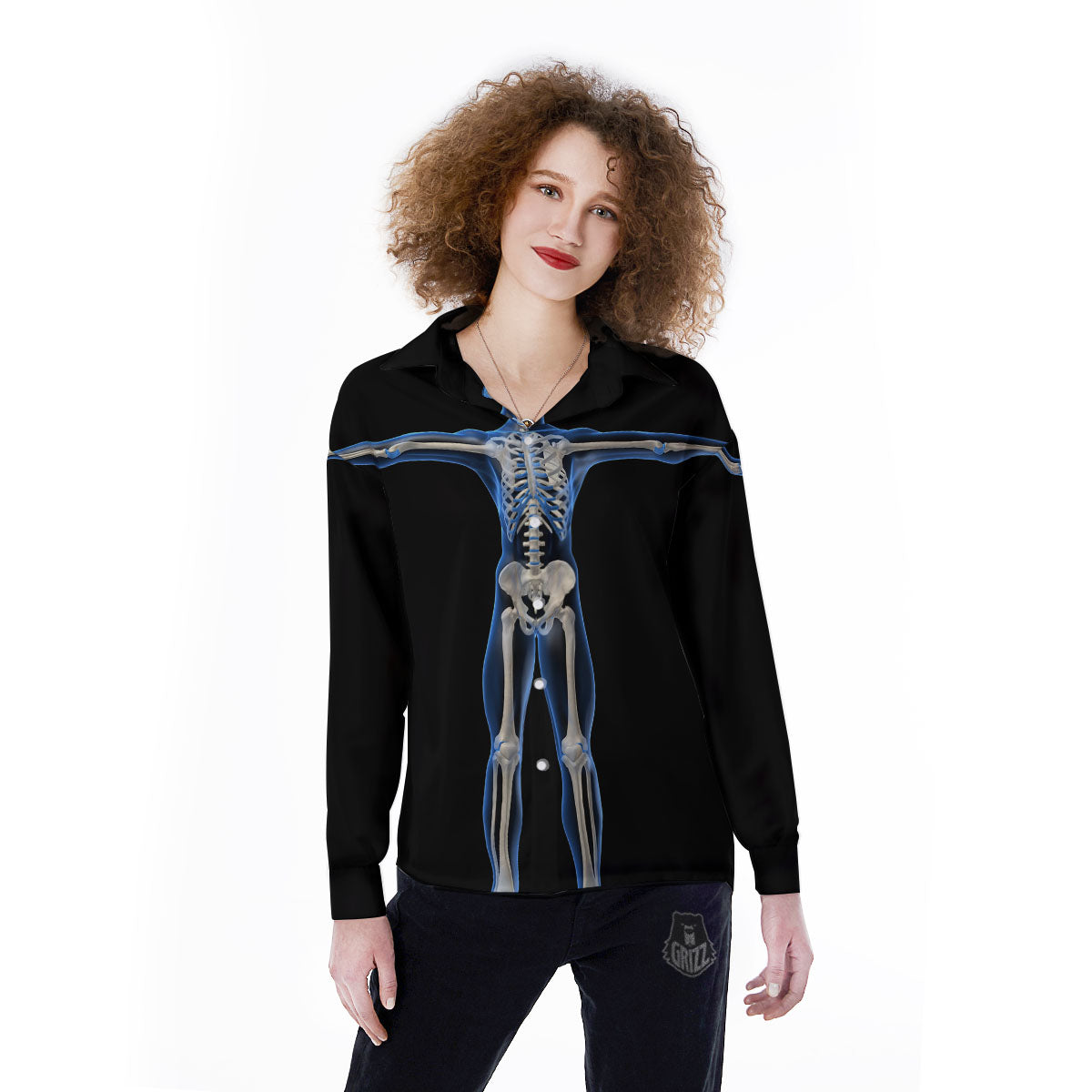 X-Ray Human Skeleton Print Women's Long Sleeve Shirts-grizzshop
