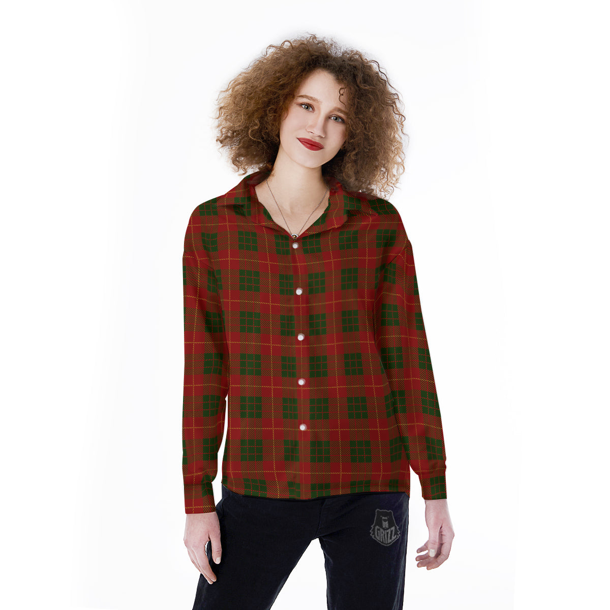 Xmas Plaid Print Pattern Women's Long Sleeve Shirts-grizzshop
