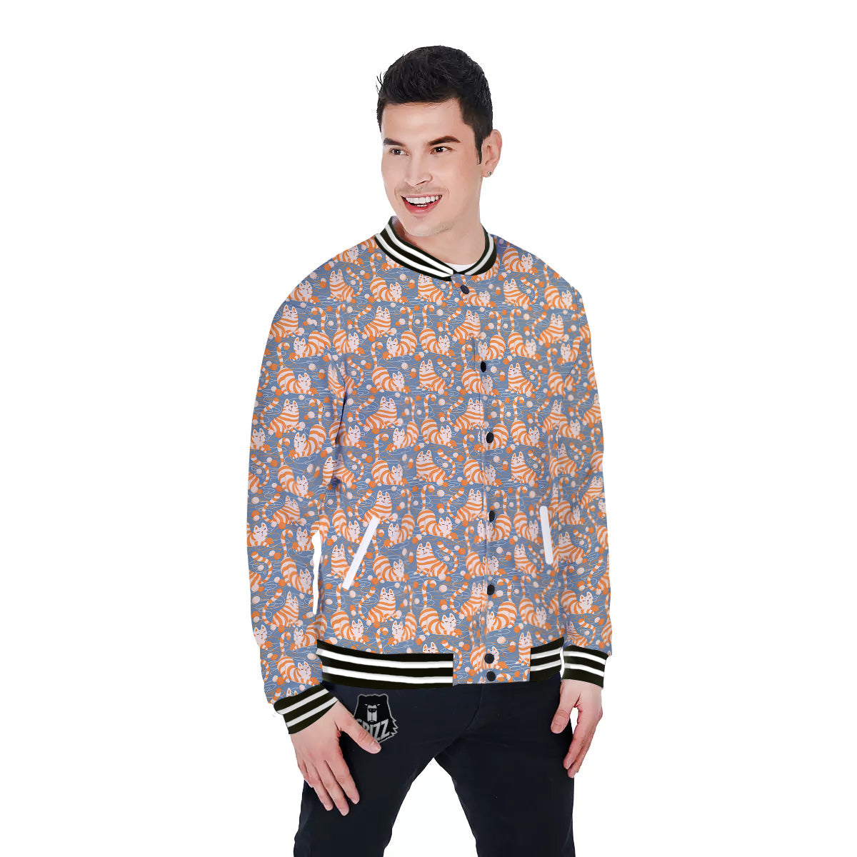 Yarn Ball And Cat Print Pattern Baseball Jacket-grizzshop