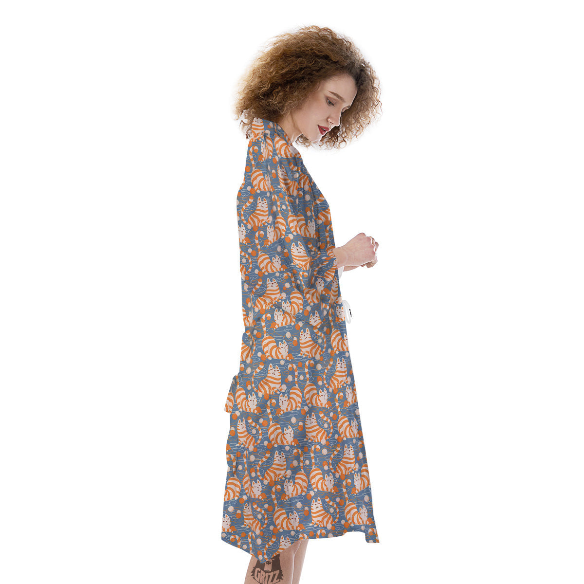 Yarn Ball And Cat Print Pattern Kimono-grizzshop