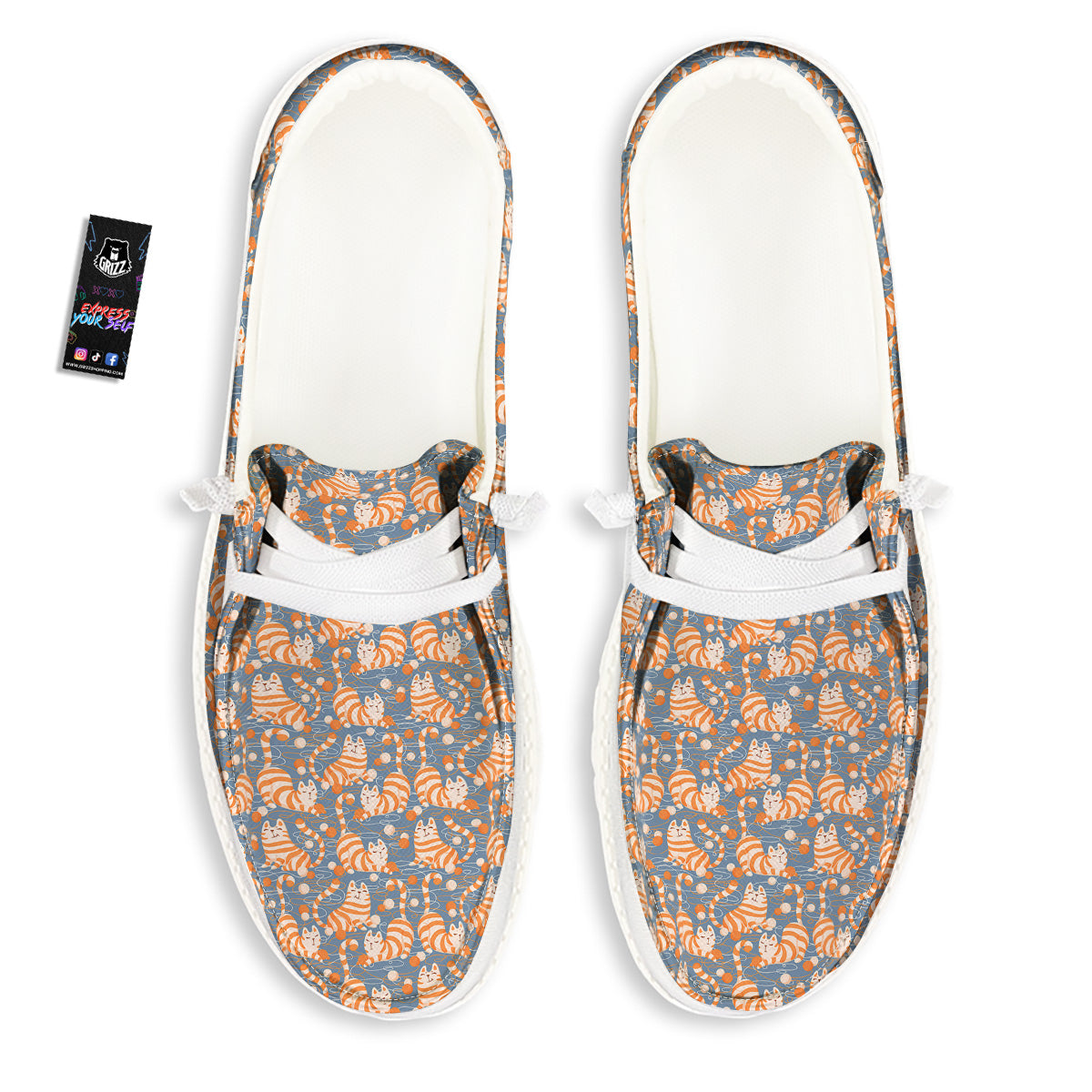 Yarn Ball And Cat Print Pattern White Loafers-grizzshop