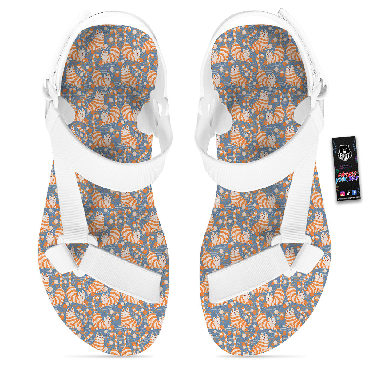 Yarn Ball And Cat Print Pattern White Open Toe Sandals-grizzshop