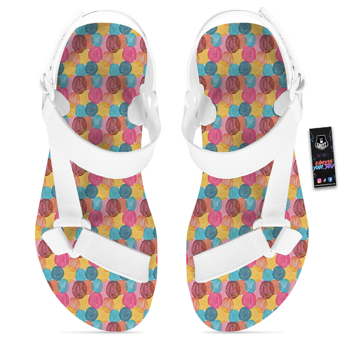 Yarn Balls Colorful Print White Open Toe Sandals-grizzshop