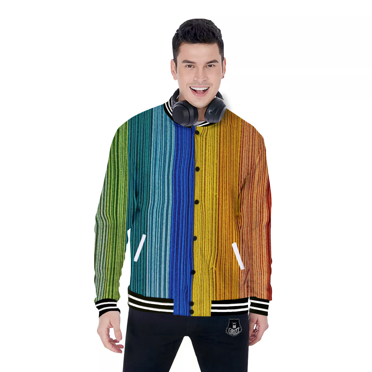 Yarn Colorful Print Baseball Jacket-grizzshop