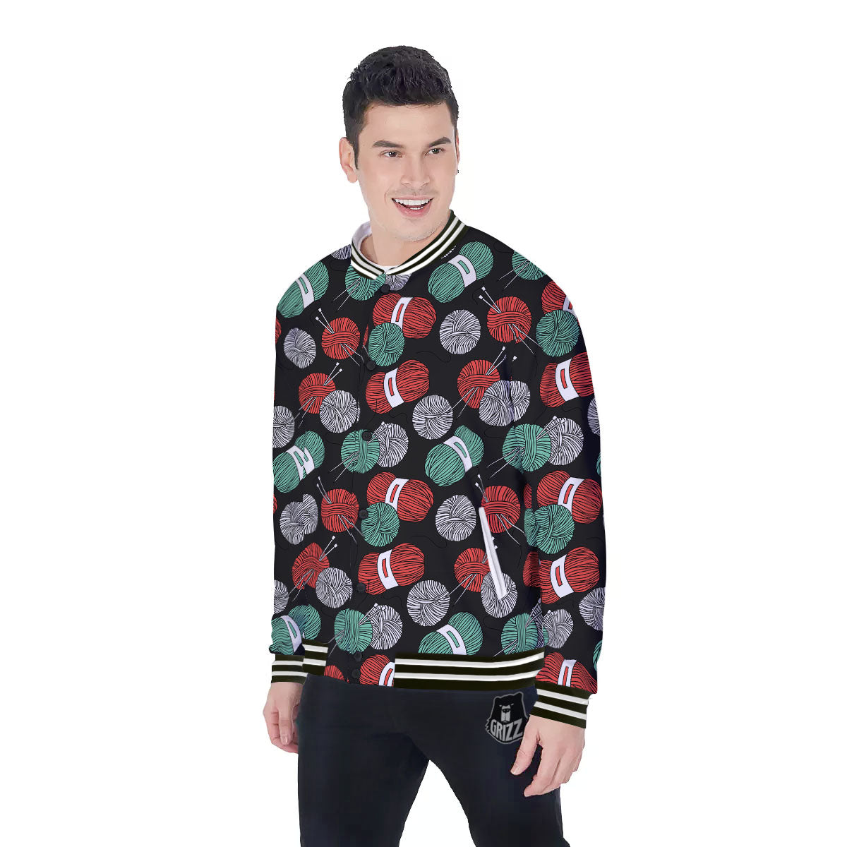 Yarn Knitting Print Pattern Baseball Jacket-grizzshop