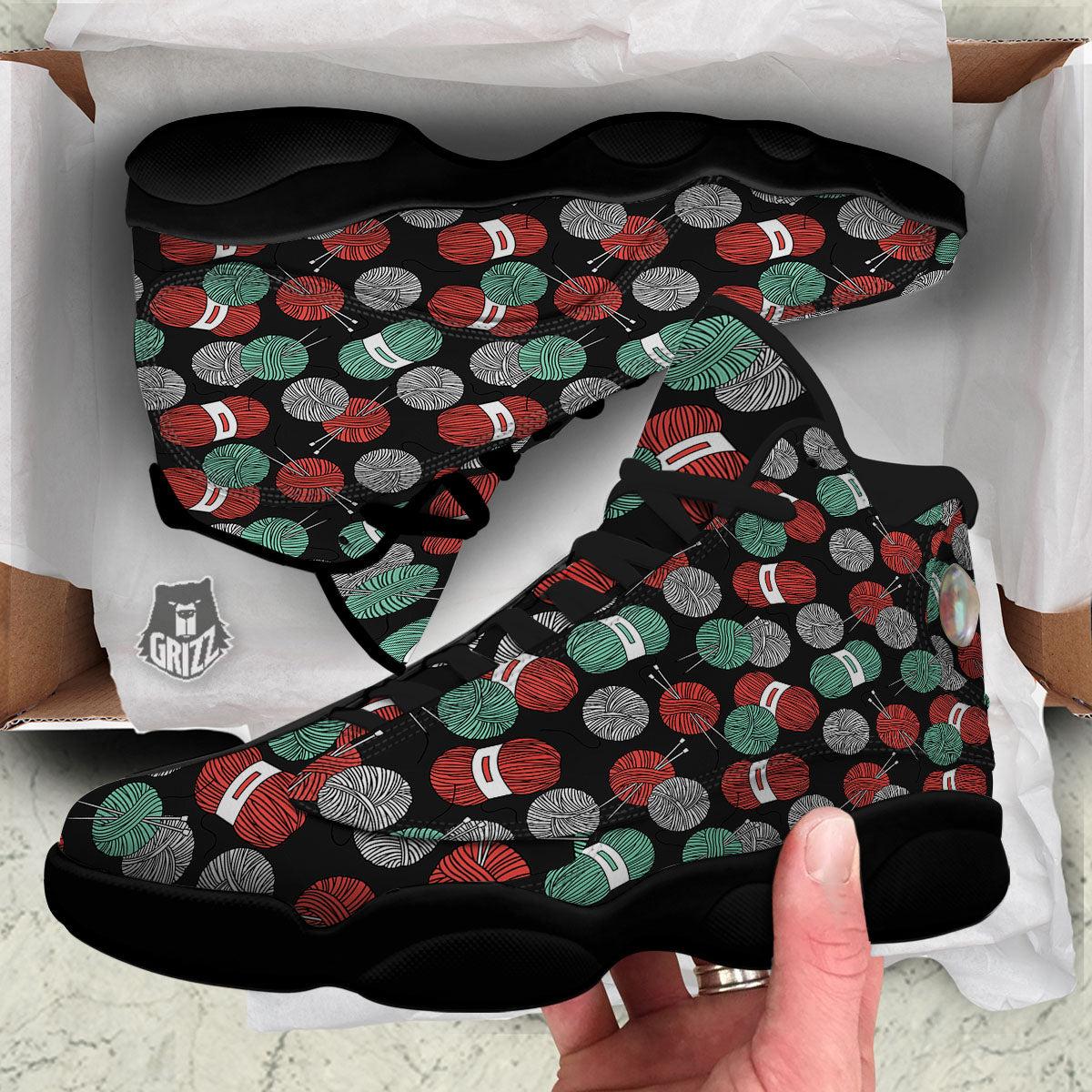 Yarn Knitting Print Pattern Black Basketball Shoes-grizzshop
