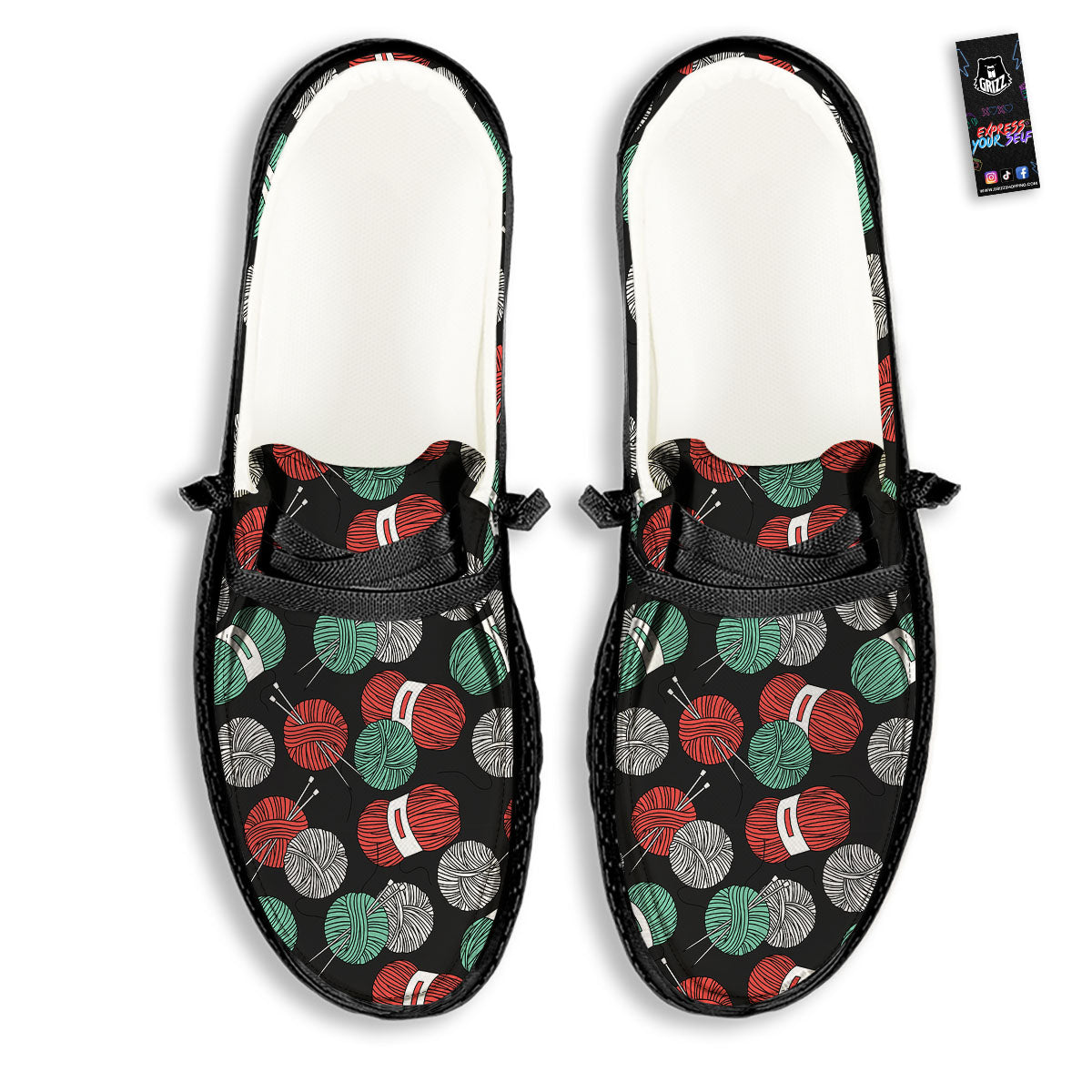 Yarn Knitting Print Pattern Black Loafers-grizzshop
