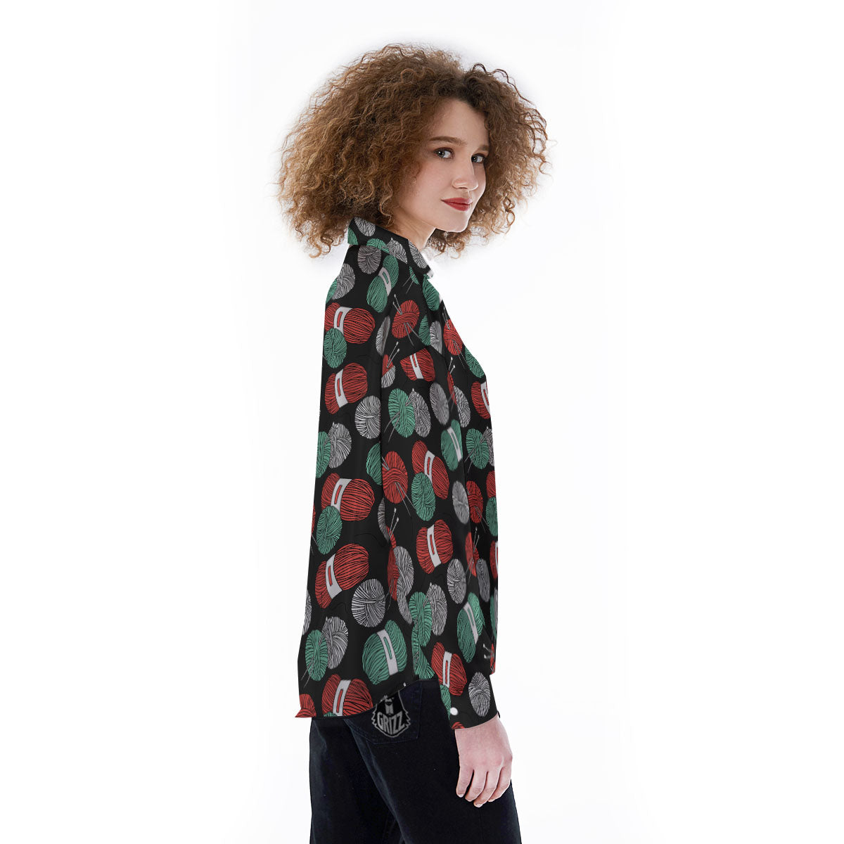 Yarn Knitting Print Pattern Women's Long Sleeve Shirts-grizzshop