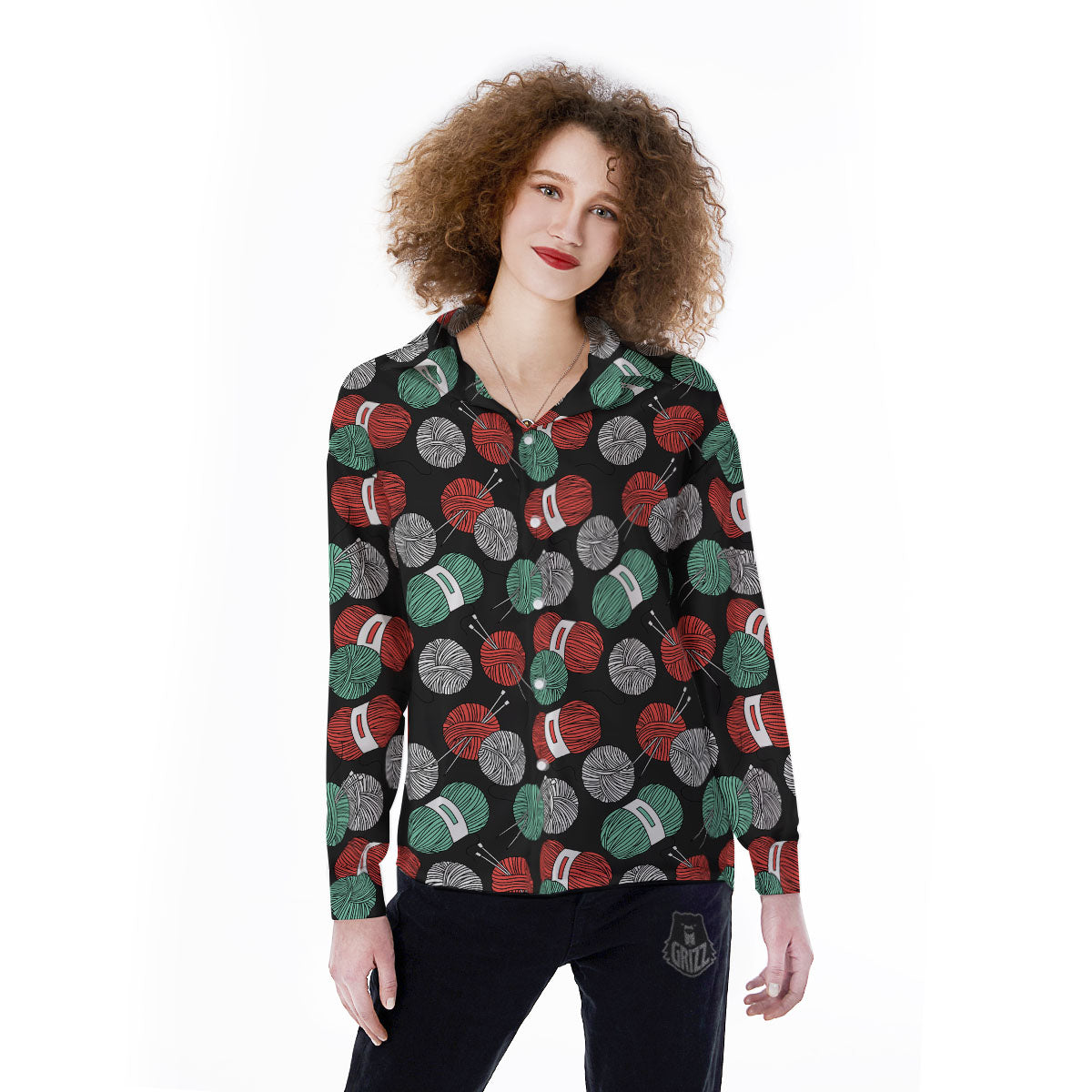 Yarn Knitting Print Pattern Women's Long Sleeve Shirts-grizzshop