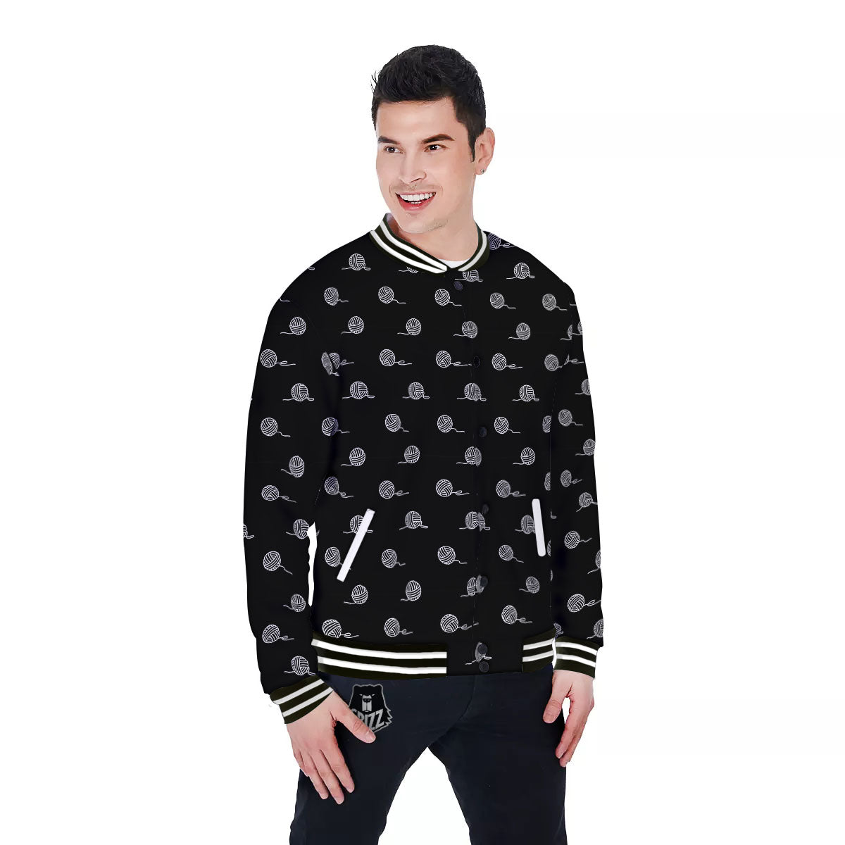 Yarn White And Black Print Pattern Baseball Jacket-grizzshop