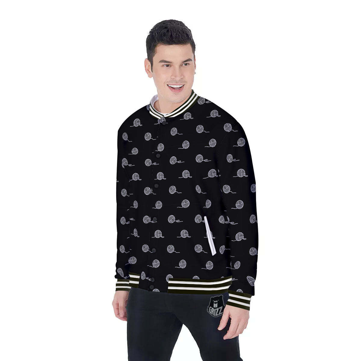 Yarn White And Black Print Pattern Baseball Jacket-grizzshop