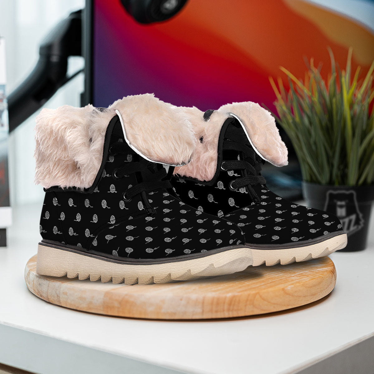 Yarn White And Black Print Pattern Snow Boots-grizzshop