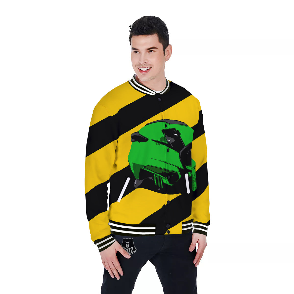 Yellow And Green Helmet Print Baseball Jacket-grizzshop