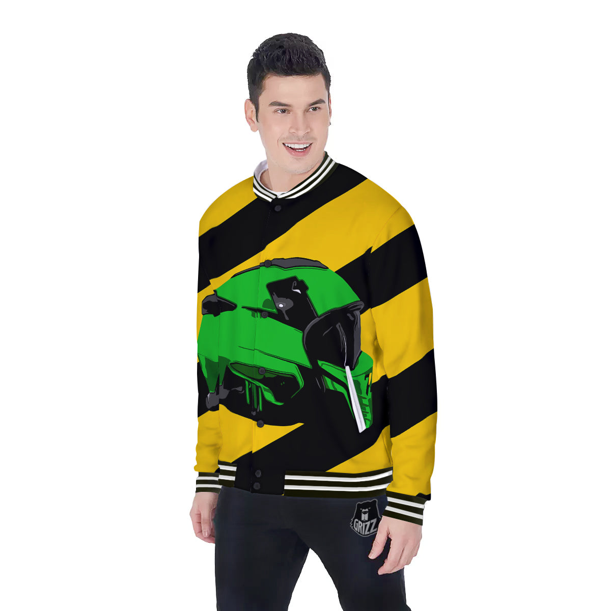 Yellow And Green Helmet Print Baseball Jacket-grizzshop