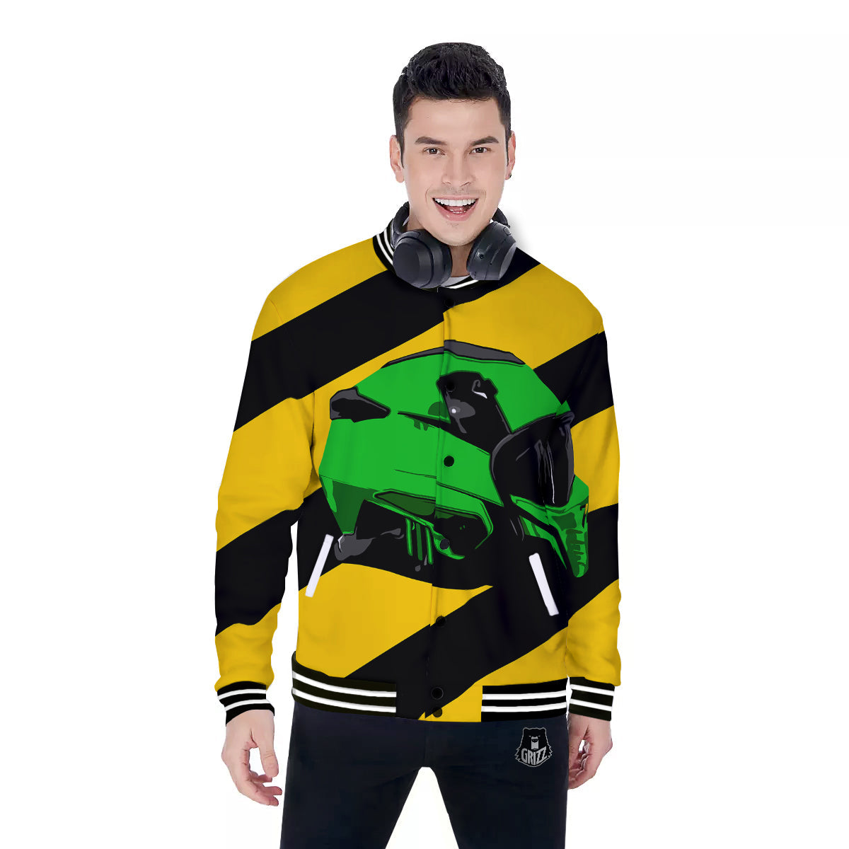 Yellow And Green Helmet Print Baseball Jacket-grizzshop