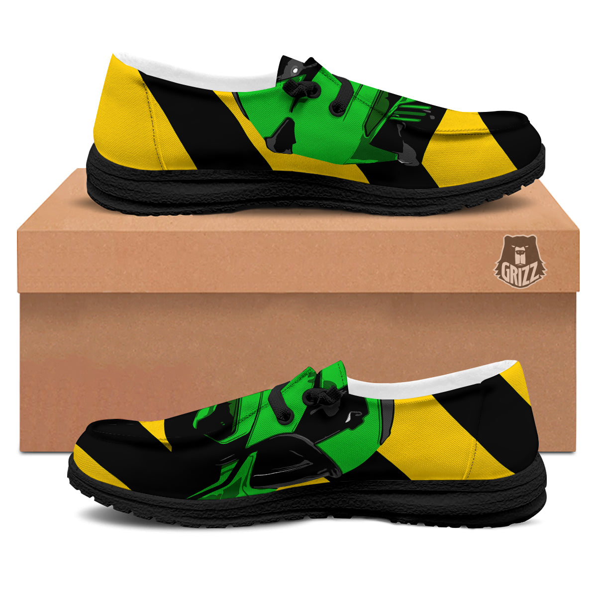 Yellow And Green Helmet Print Black Loafers-grizzshop