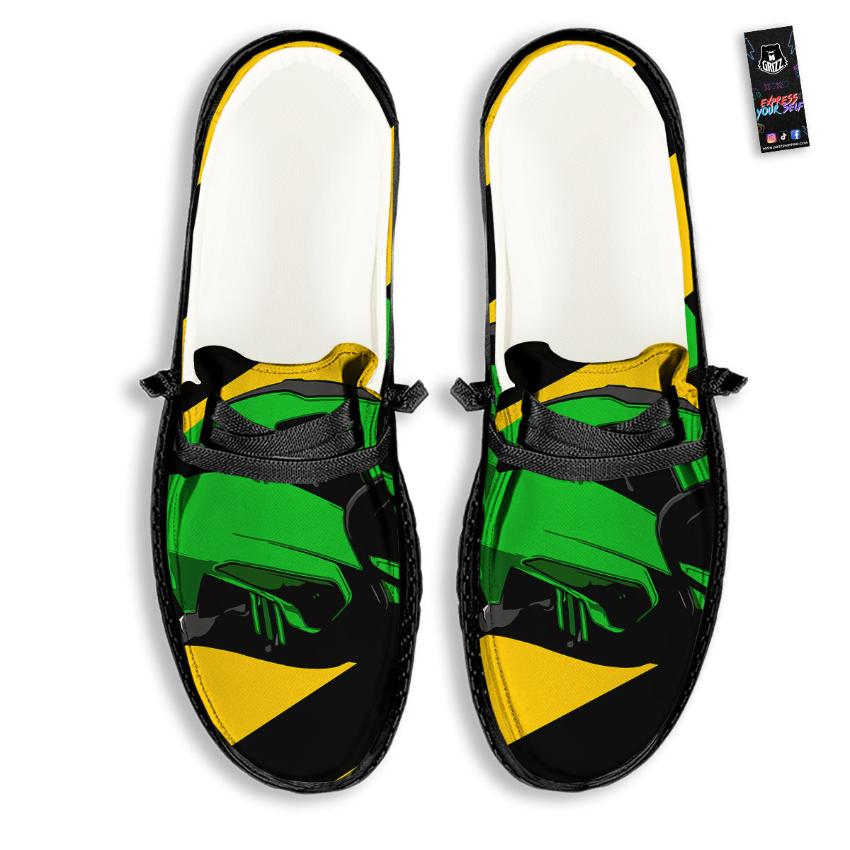 Yellow And Green Helmet Print Black Loafers-grizzshop