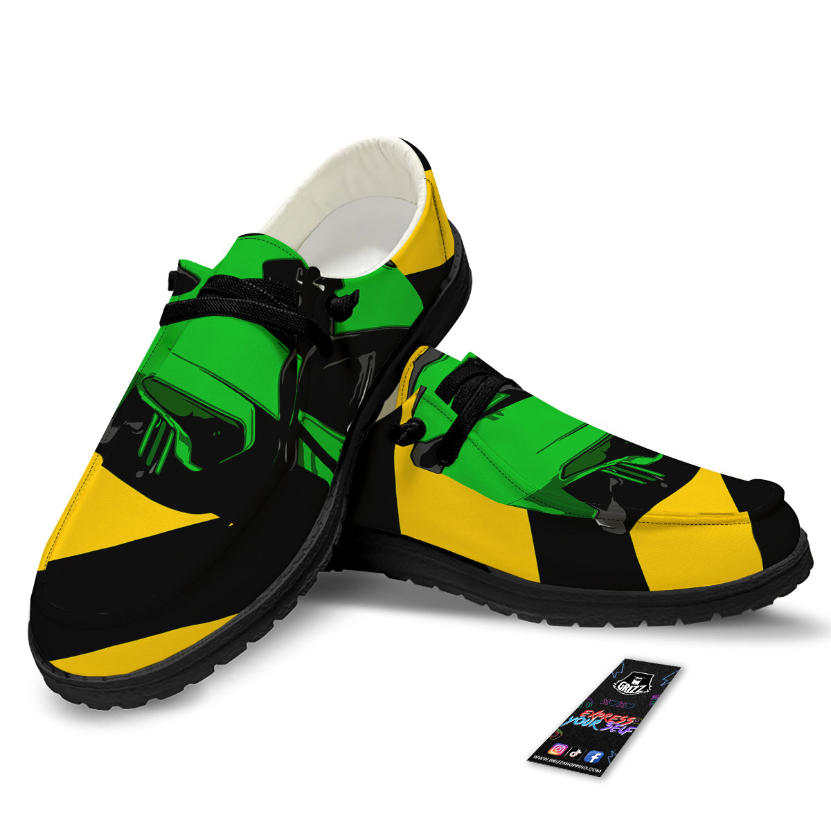 Yellow And Green Helmet Print Black Loafers-grizzshop