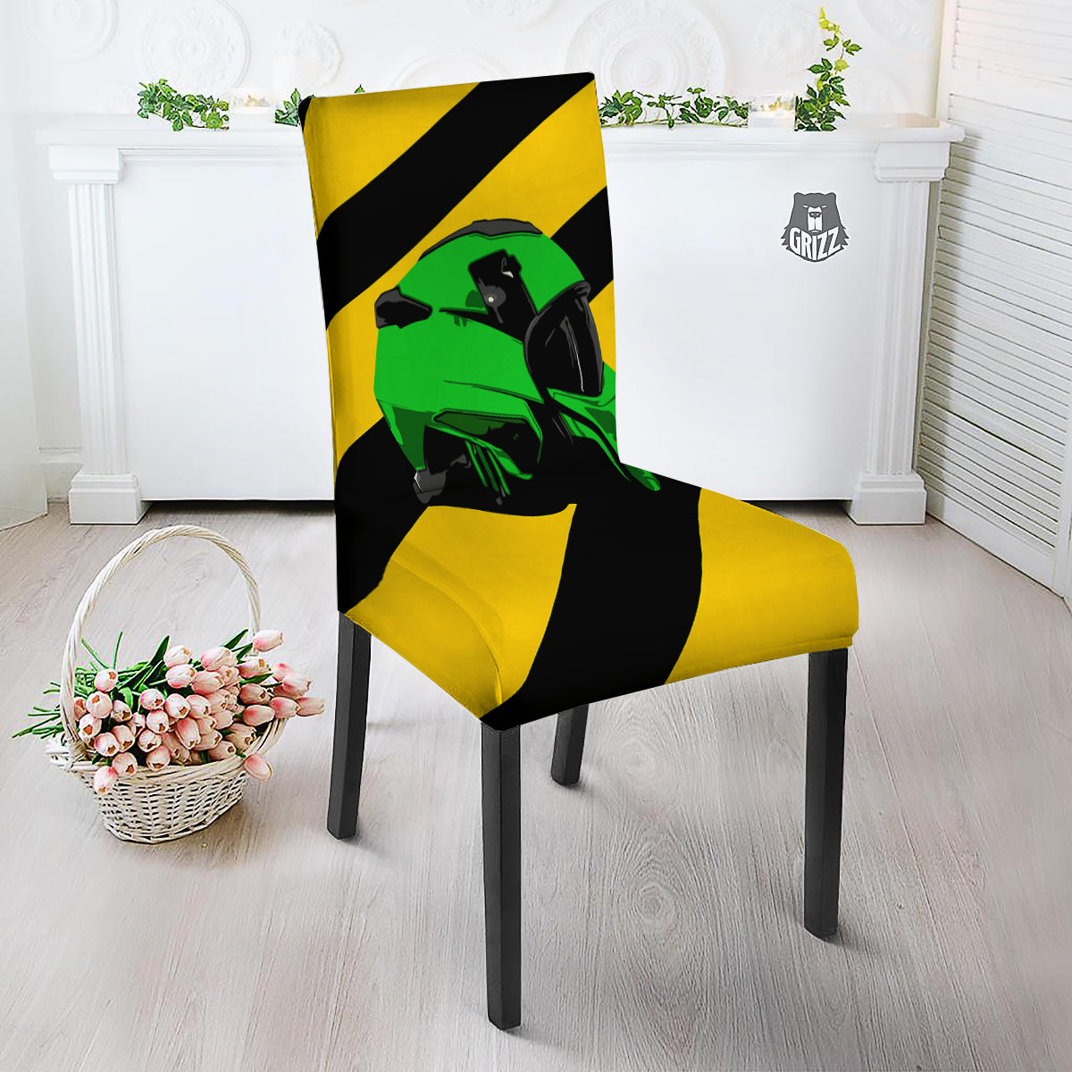 Yellow And Green Helmet Print Dining Chair Slipcover-grizzshop