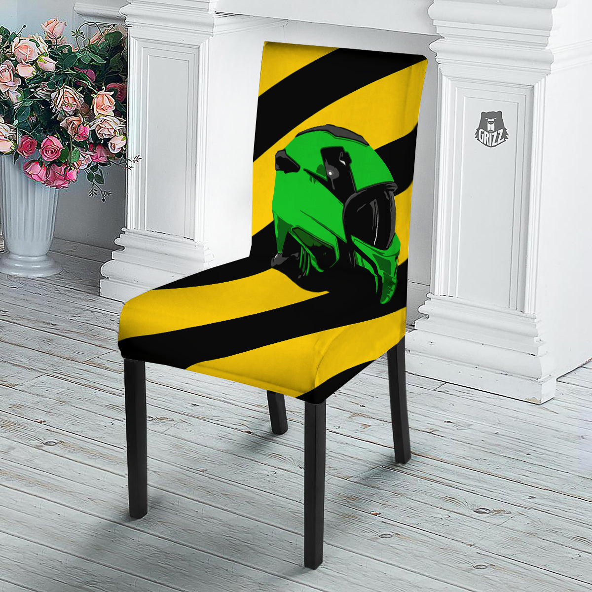 Yellow And Green Helmet Print Dining Chair Slipcover-grizzshop